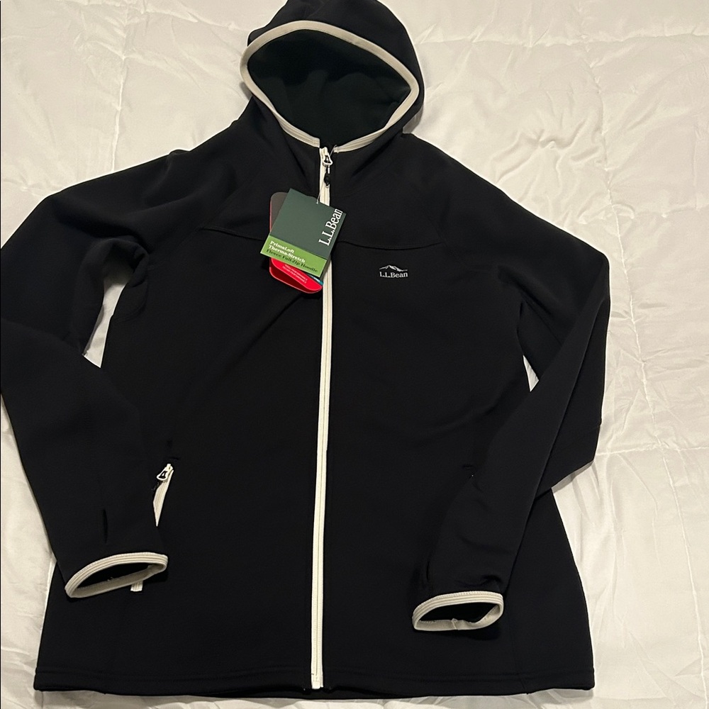 L.L. Bean Women's Black and White PrimaLoft Therma-Stretch Fleece Full  Zip Hood